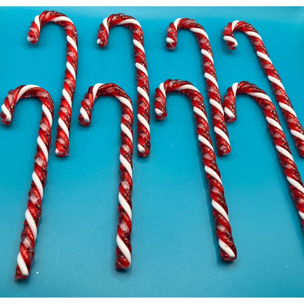 Candy Cane Ornaments 6.5in Red White Glass Glitter Set of 8 - Picture 2 of 5
